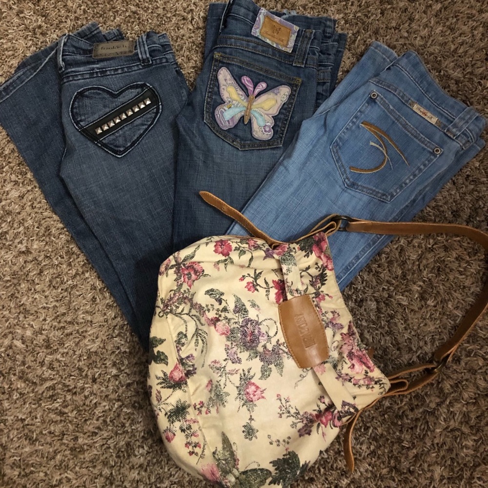 3 Frankie B. Jeans size 0 and 1 Just Cavalli bag.